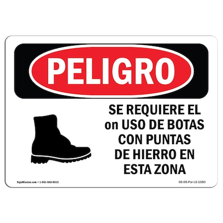 Signmission OSHA, Steel Toe Shoes Required In Area Spanish, 14in X 10in Rigid Plastic, OS-DS-P-1014-LS-1580 OS-DS-P-1014-LS-1580
